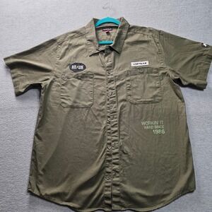 Airwalk Mens 2XL Work Shirt Olive Green Button Up Short Sleeve Graphic Patch
